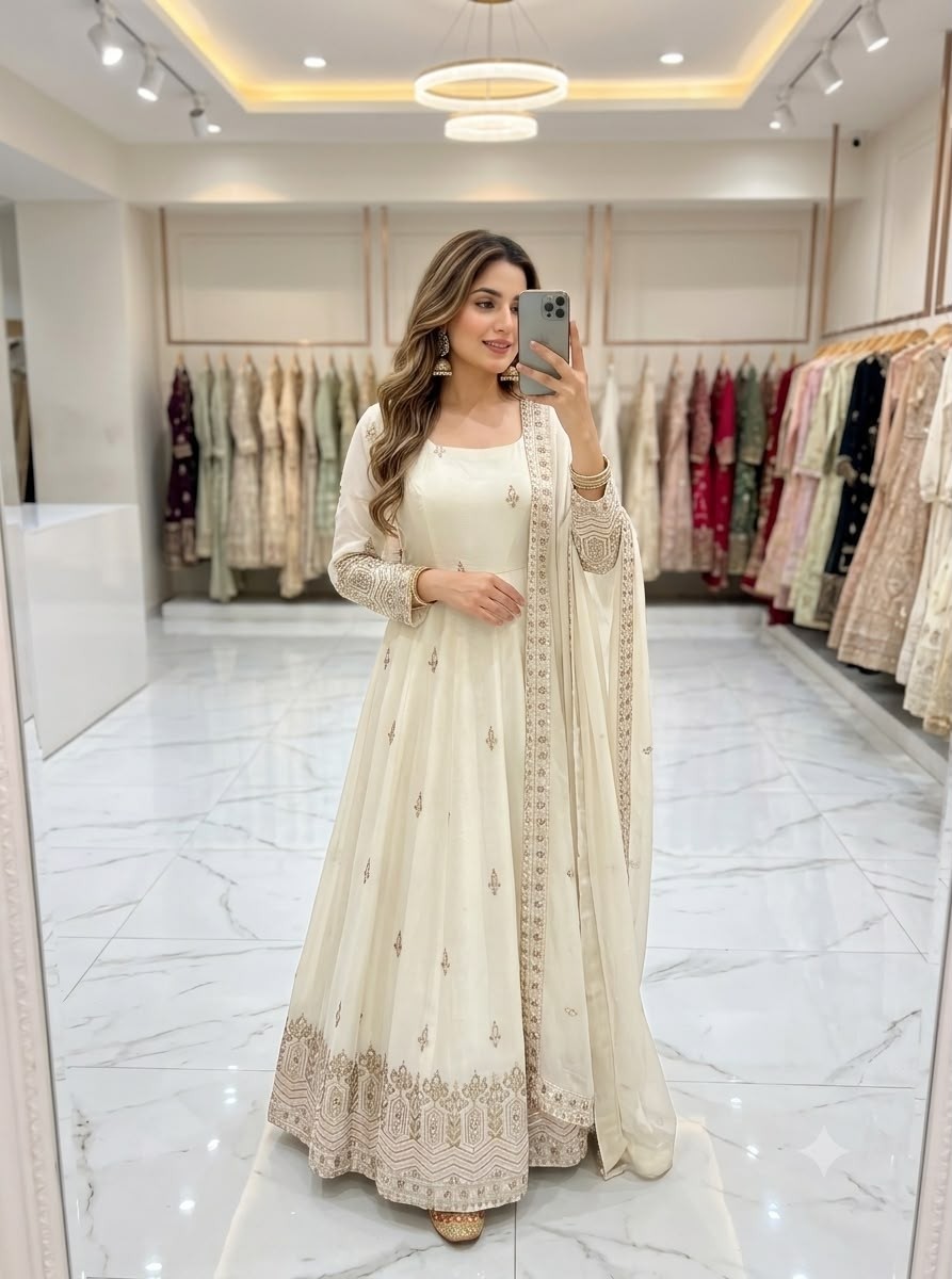 Trending Chinon Silk Embroidered Gown With Pant & Dupatta – WW-1274 Partywear And Wedding Gown Single Wholesale Price 