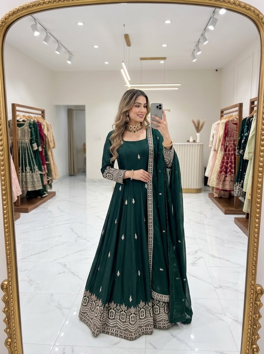 Trending Chinon Silk Embroidered Gown With Pant & Dupatta – WW-1274 Partywear And Wedding Gown Single Wholesale Price 