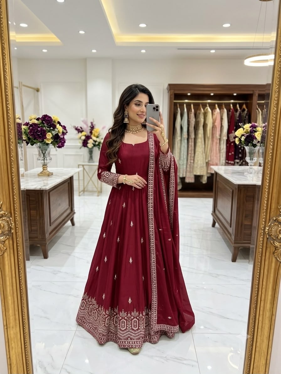 Trending Chinon Silk Embroidered Gown With Pant & Dupatta – WW-1274 Partywear And Wedding Gown Single Wholesale Price 