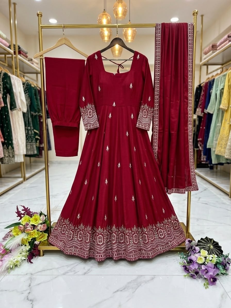 Trending Chinon Silk Embroidered Gown With Pant & Dupatta – WW-1274 Partywear And Wedding Gown Single Wholesale Price 