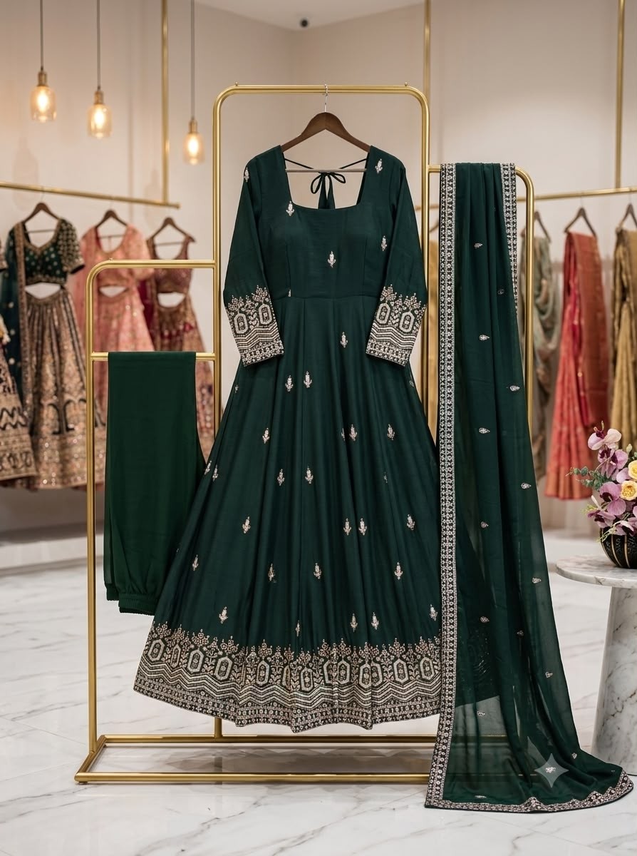 Trending Chinon Silk Embroidered Gown With Pant & Dupatta – WW-1274 Partywear And Wedding Gown Single Wholesale Price 