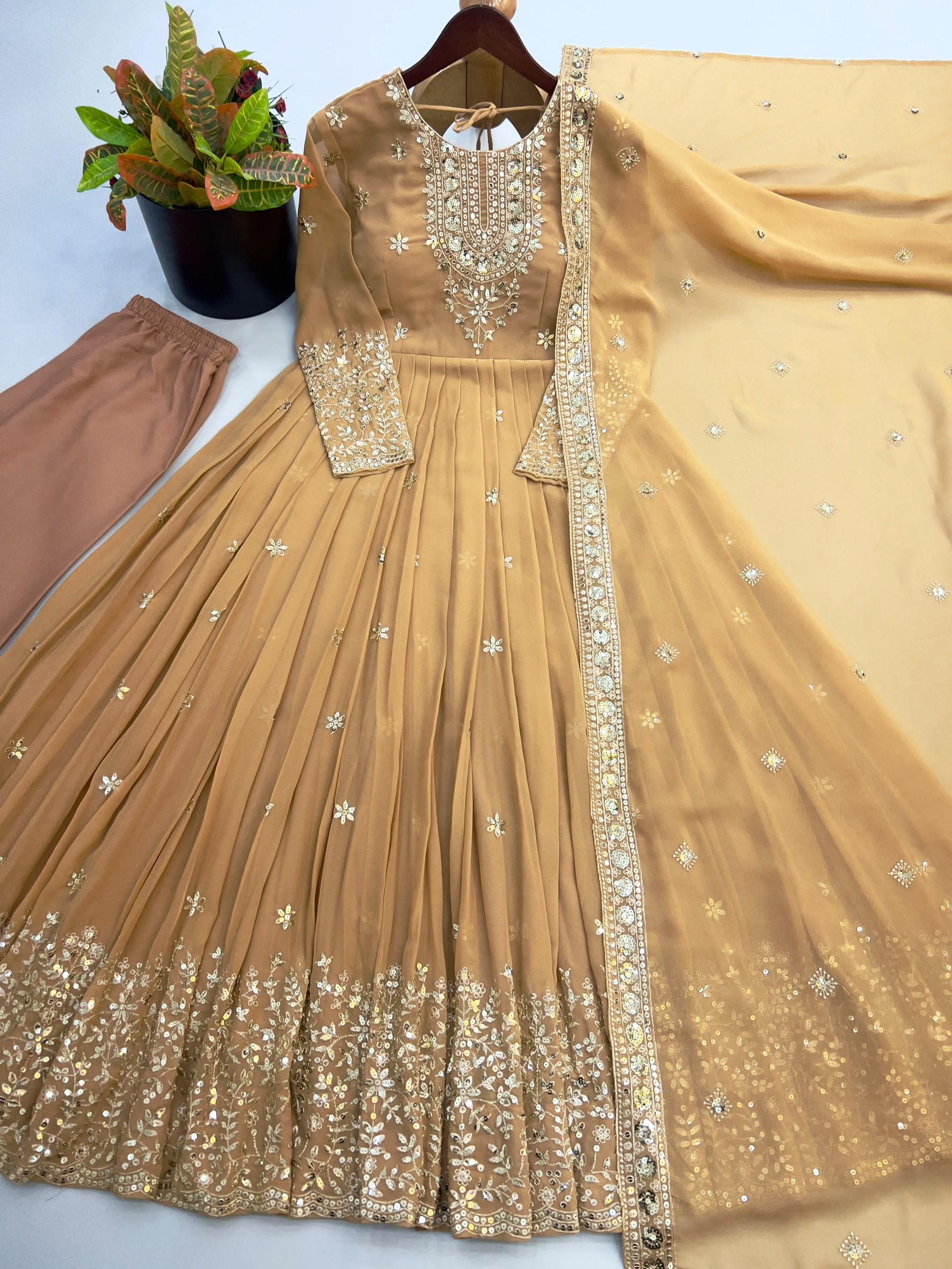 Heavy Georgette Embroidered Sequence Work Gown With Pant & Dupatta – SSR-546 Partywear and wedding Gown Single Wholesale Price 