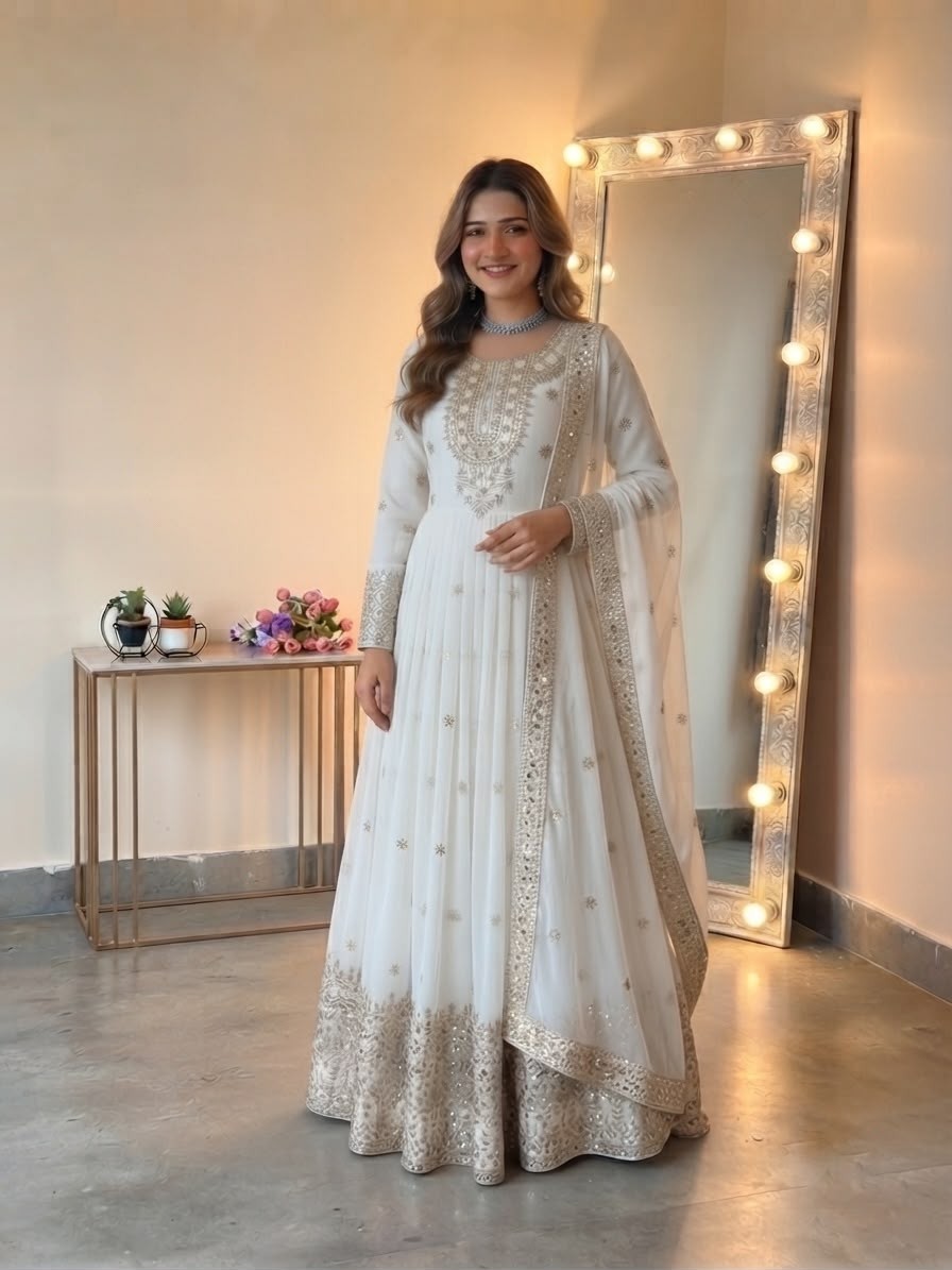 Heavy Georgette Embroidered Sequence Work Gown With Pant & Dupatta – SSR-546 Partywear and wedding Gown Single Wholesale Price 