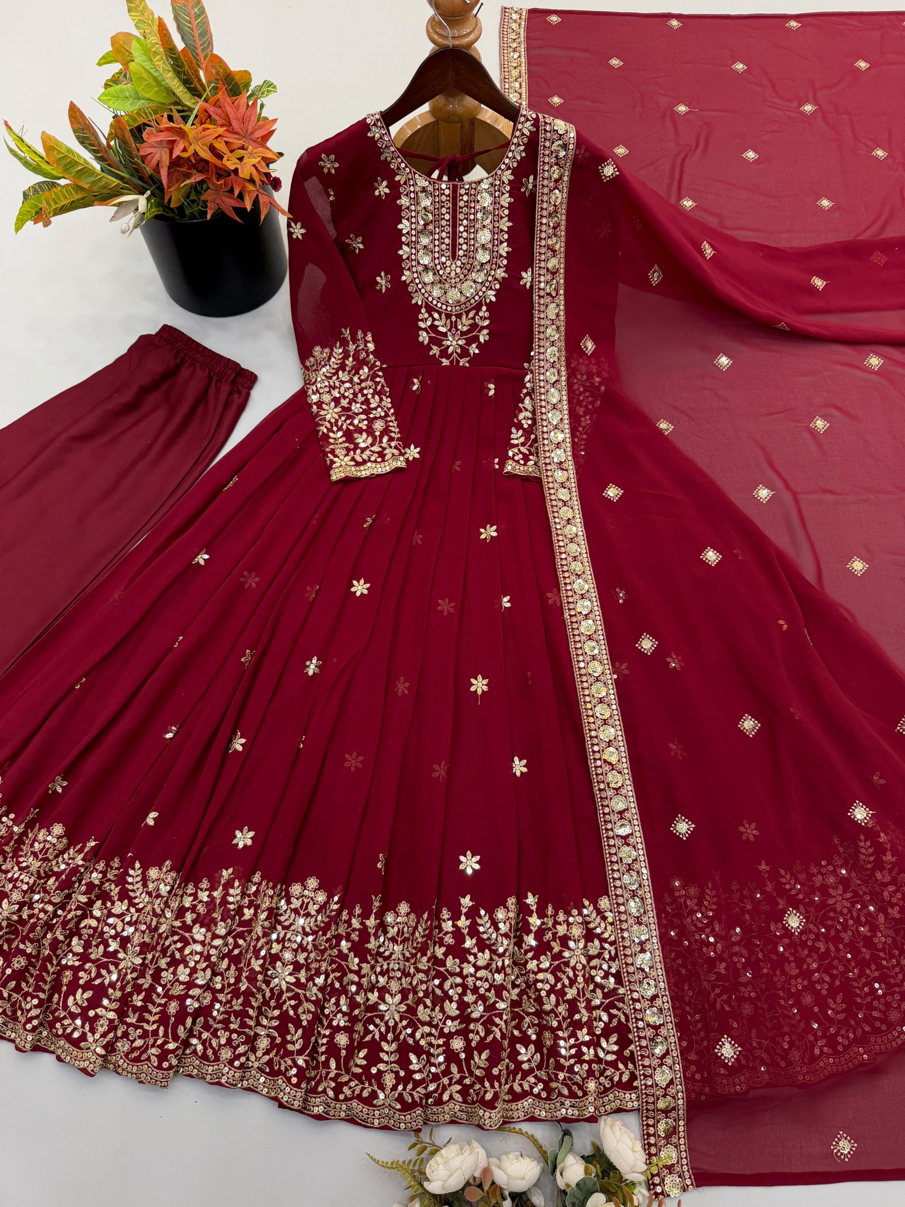 Heavy Georgette Embroidered Sequence Work Gown With Pant & Dupatta – SSR-546 Partywear and wedding Gown Single Wholesale Price 