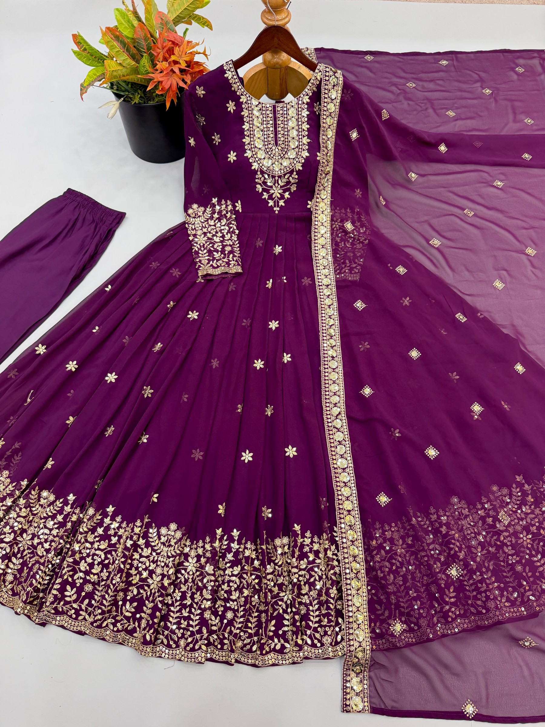 Heavy Georgette Embroidered Sequence Work Gown With Pant & Dupatta – SSR-546 Partywear and wedding Gown Single Wholesale Price 