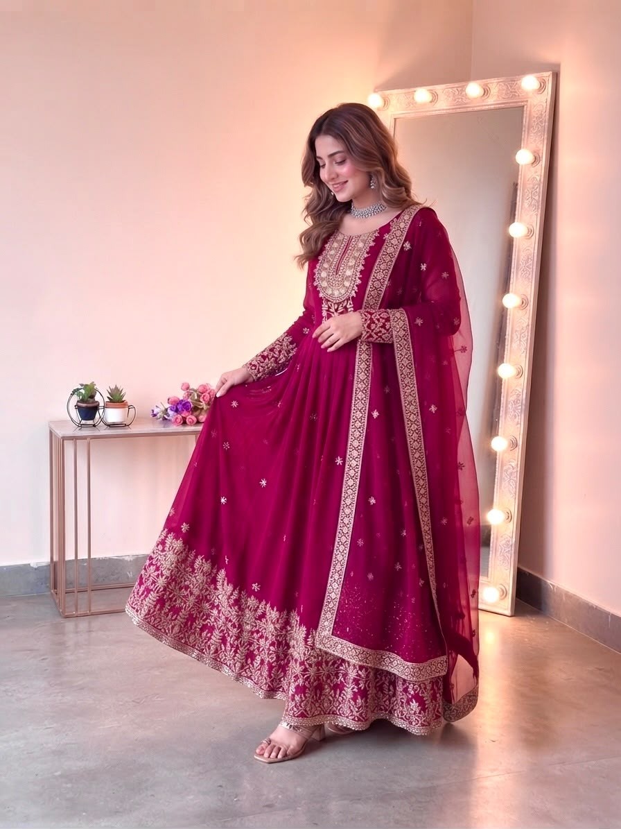 Heavy Georgette Embroidered Sequence Work Gown With Pant & Dupatta – SSR-546 Partywear and wedding Gown Single Wholesale Price 
