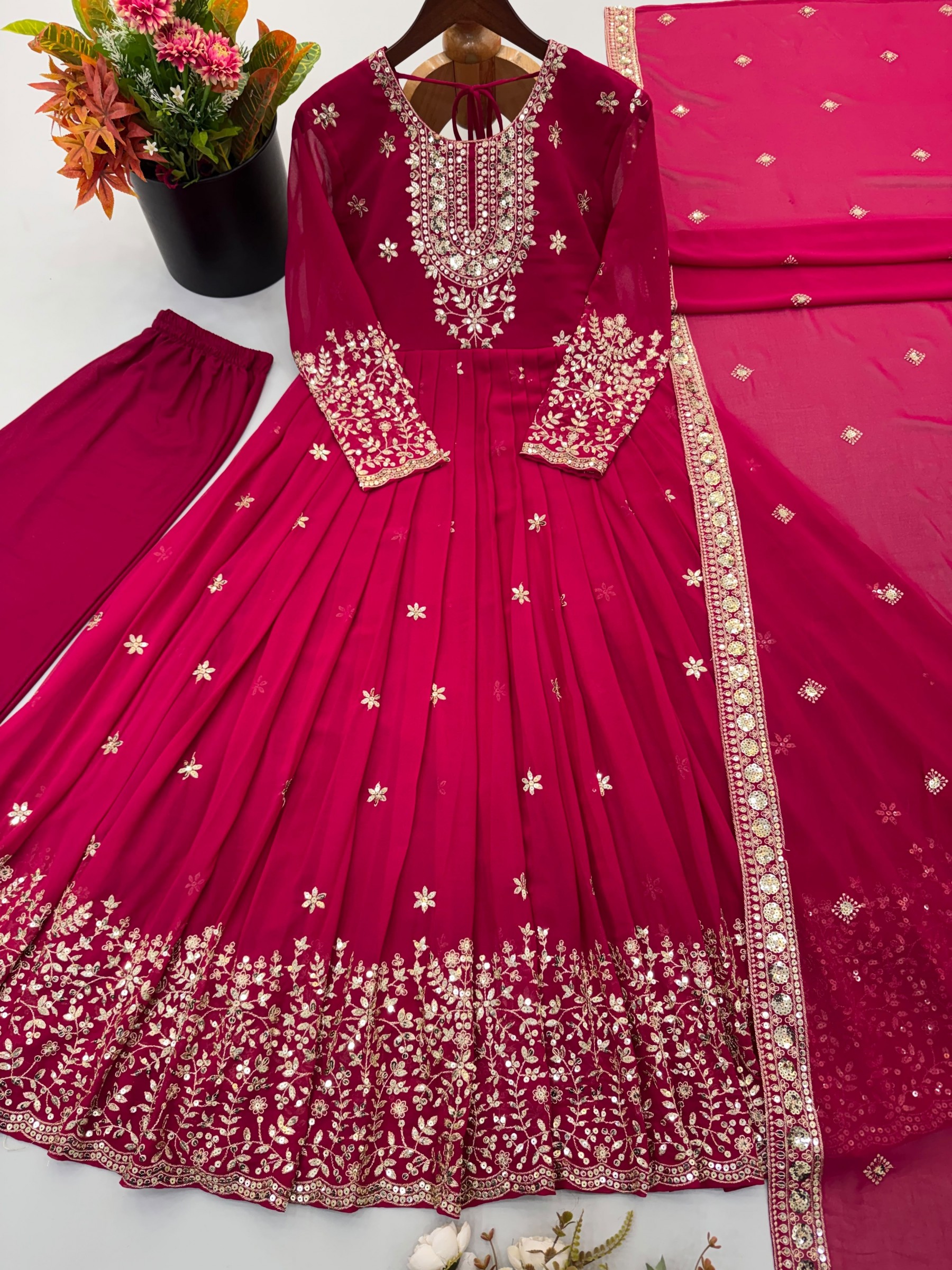 Heavy Georgette Embroidered Sequence Work Gown With Pant & Dupatta – SSR-546 Partywear and wedding Gown Single Wholesale Price 