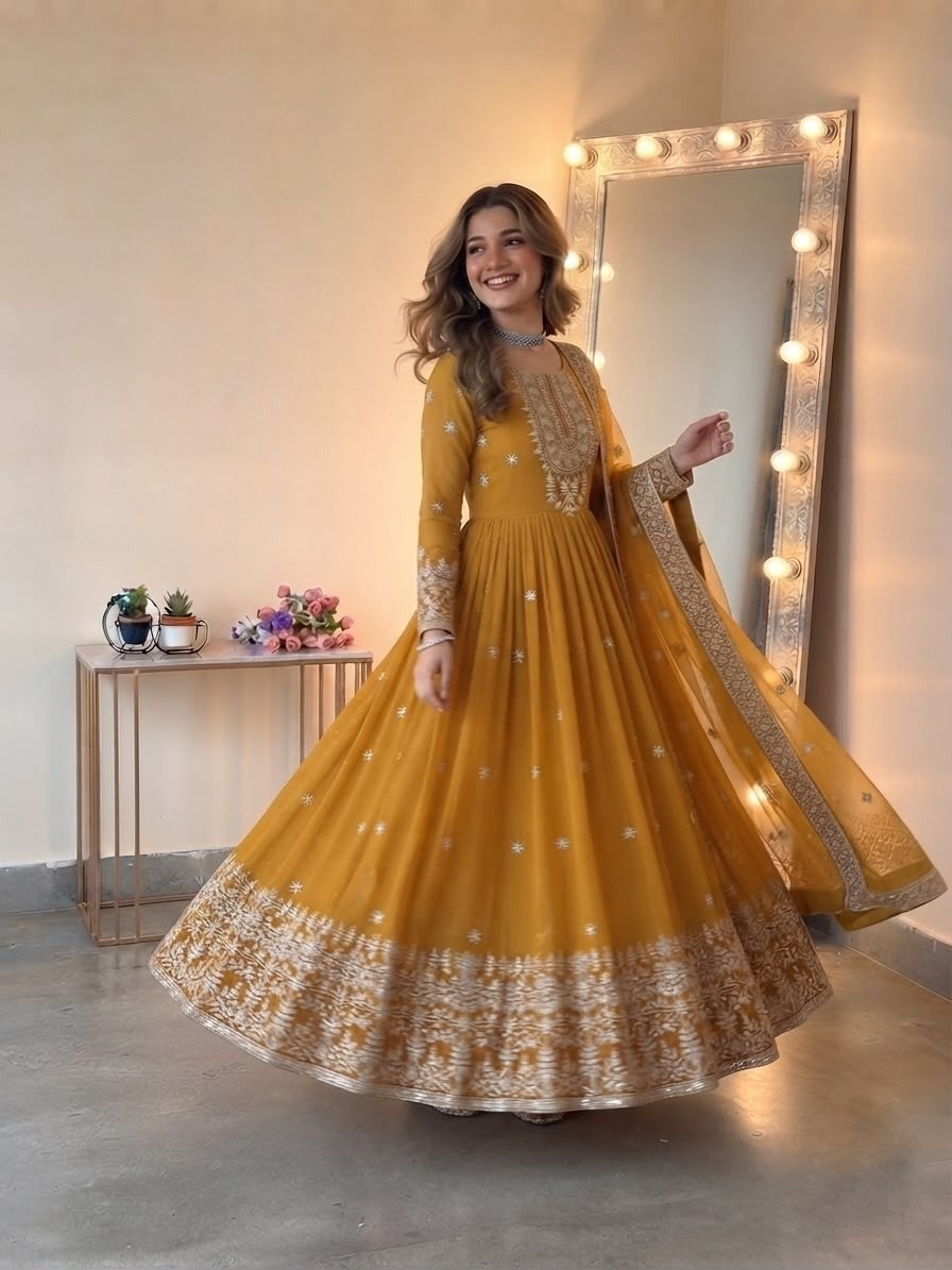 Heavy Georgette Embroidered Sequence Work Gown With Pant & Dupatta – SSR-546 Partywear and wedding Gown Single Wholesale Price 