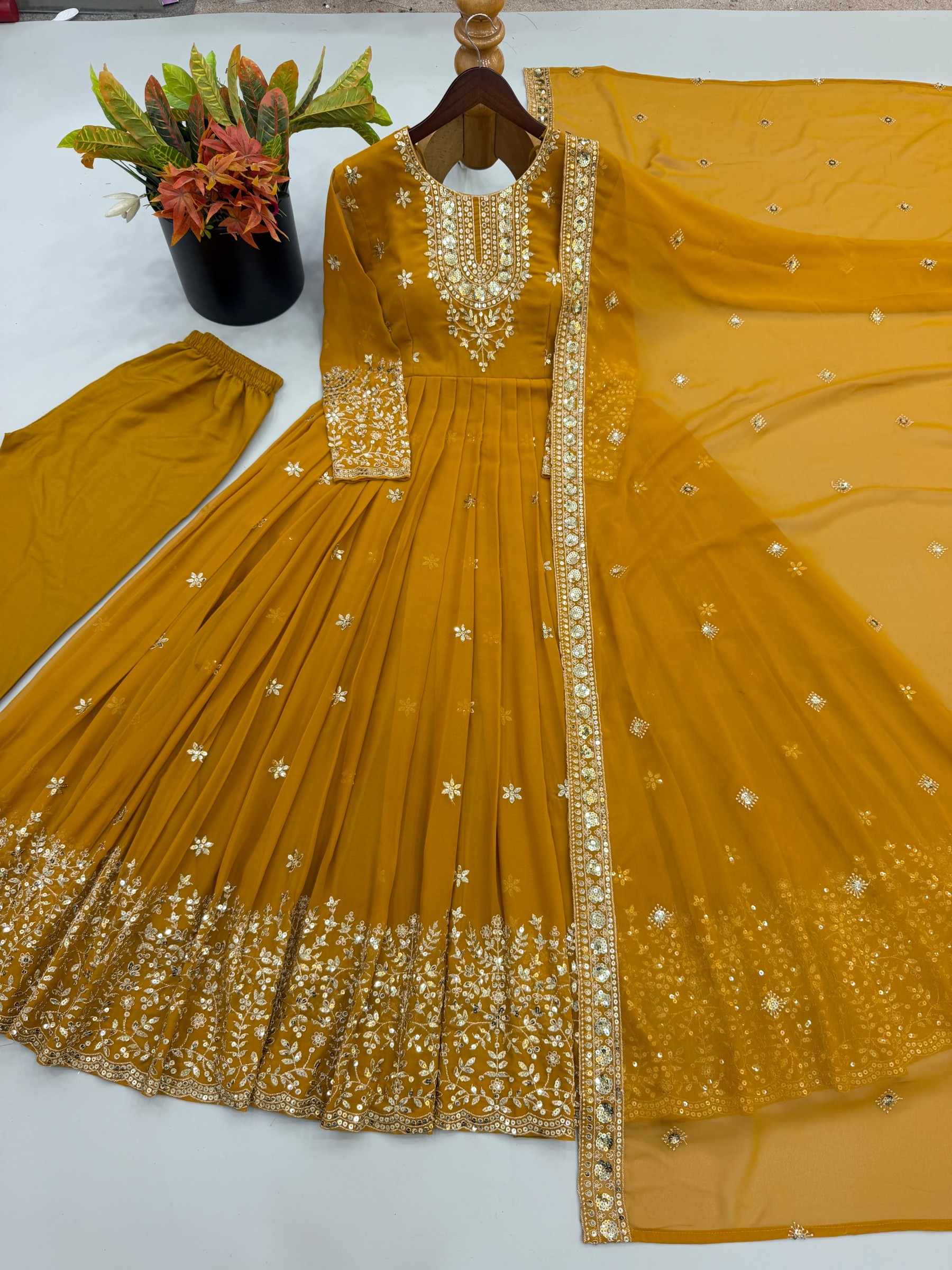 Heavy Georgette Embroidered Sequence Work Gown With Pant & Dupatta – SSR-546 Partywear and wedding Gown Single Wholesale Price 