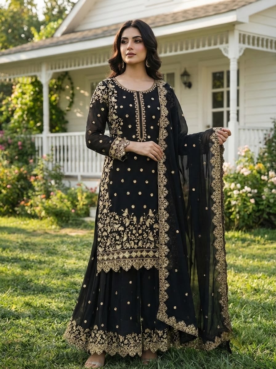 Premium Faux Georgette Embroidered Sequence Work Top Palazzo With Dupatta Set – HK-1713 Pakistani Readymade Sharara Suit Single Wholesale Price 