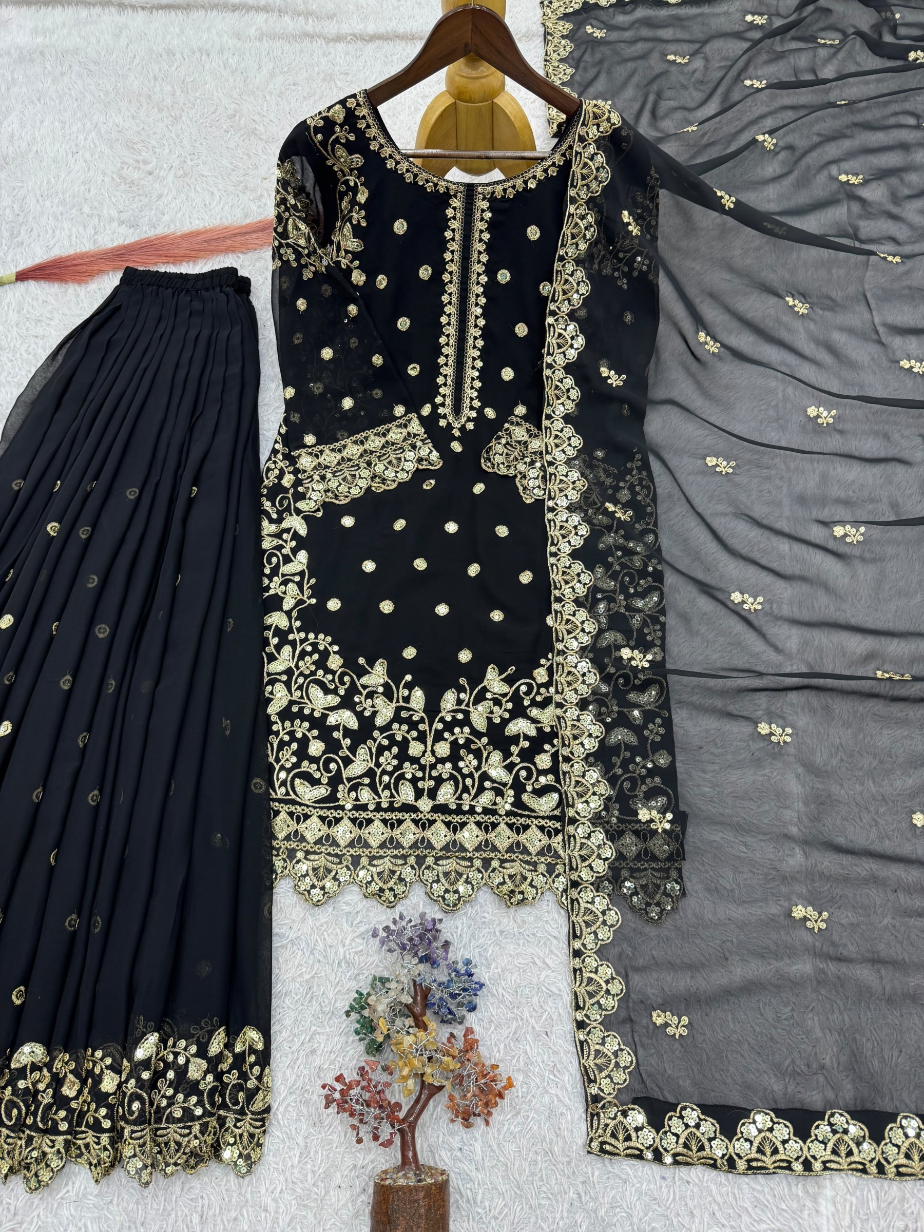 Premium Faux Georgette Embroidered Sequence Work Top Palazzo With Dupatta Set – HK-1713 Pakistani Readymade Sharara Suit Single Wholesale Price 