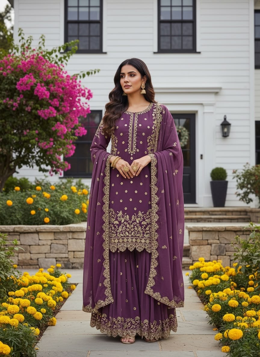 Premium Faux Georgette Embroidered Sequence Work Top Palazzo With Dupatta Set – HK-1713 Pakistani Readymade Sharara Suit Single Wholesale Price 