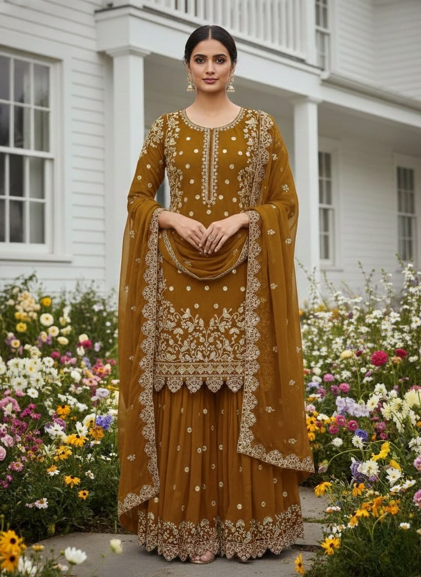 Premium Faux Georgette Embroidered Sequence Work Top Palazzo With Dupatta Set – HK-1713 Pakistani Readymade Sharara Suit Single Wholesale Price 
