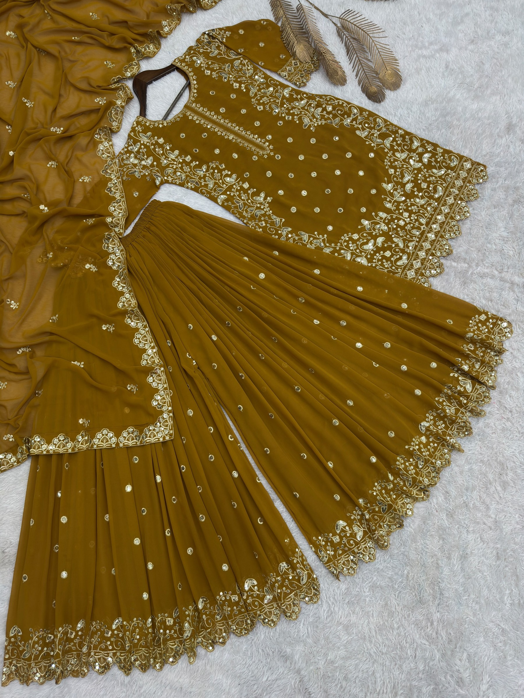Premium Faux Georgette Embroidered Sequence Work Top Palazzo With Dupatta Set – HK-1713 Pakistani Readymade Sharara Suit Single Wholesale Price 
