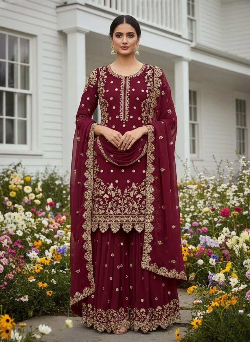 Premium Faux Georgette Embroidered Sequence Work Top Palazzo With Dupatta Set – HK-1713 Pakistani Readymade Sharara Suit Single Wholesale Price 
