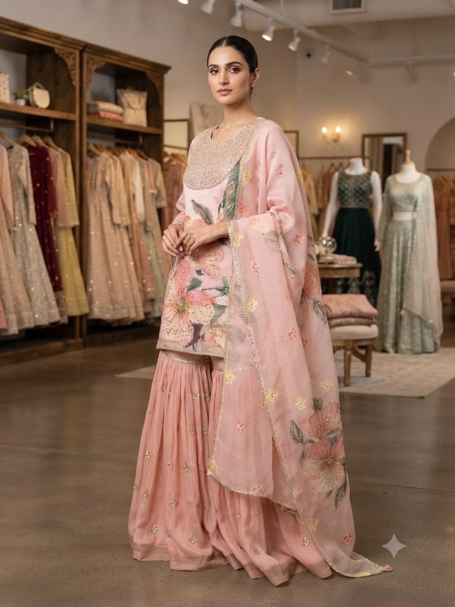 Premium Sequence Embroidered Organza Top, Sarara & Dupatta Set – LG2130 Pakistani Sharara Suit Single Wholesale Price 