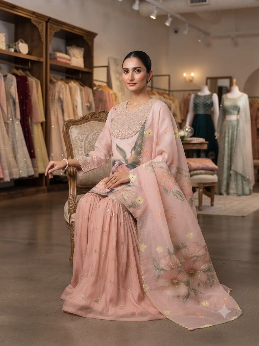 Premium Sequence Embroidered Organza Top, Sarara & Dupatta Set – LG2130 Pakistani Sharara Suit Single Wholesale Price 