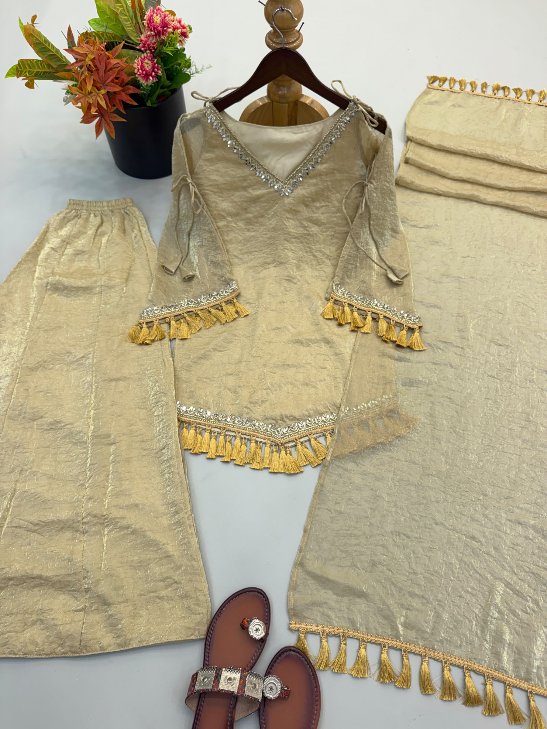 Women’s Doremon Crush Mirror Work Kurta Palazzo with Dupatta Set – SRK-5357 Pakistani Sharara Single Wholesale Price 