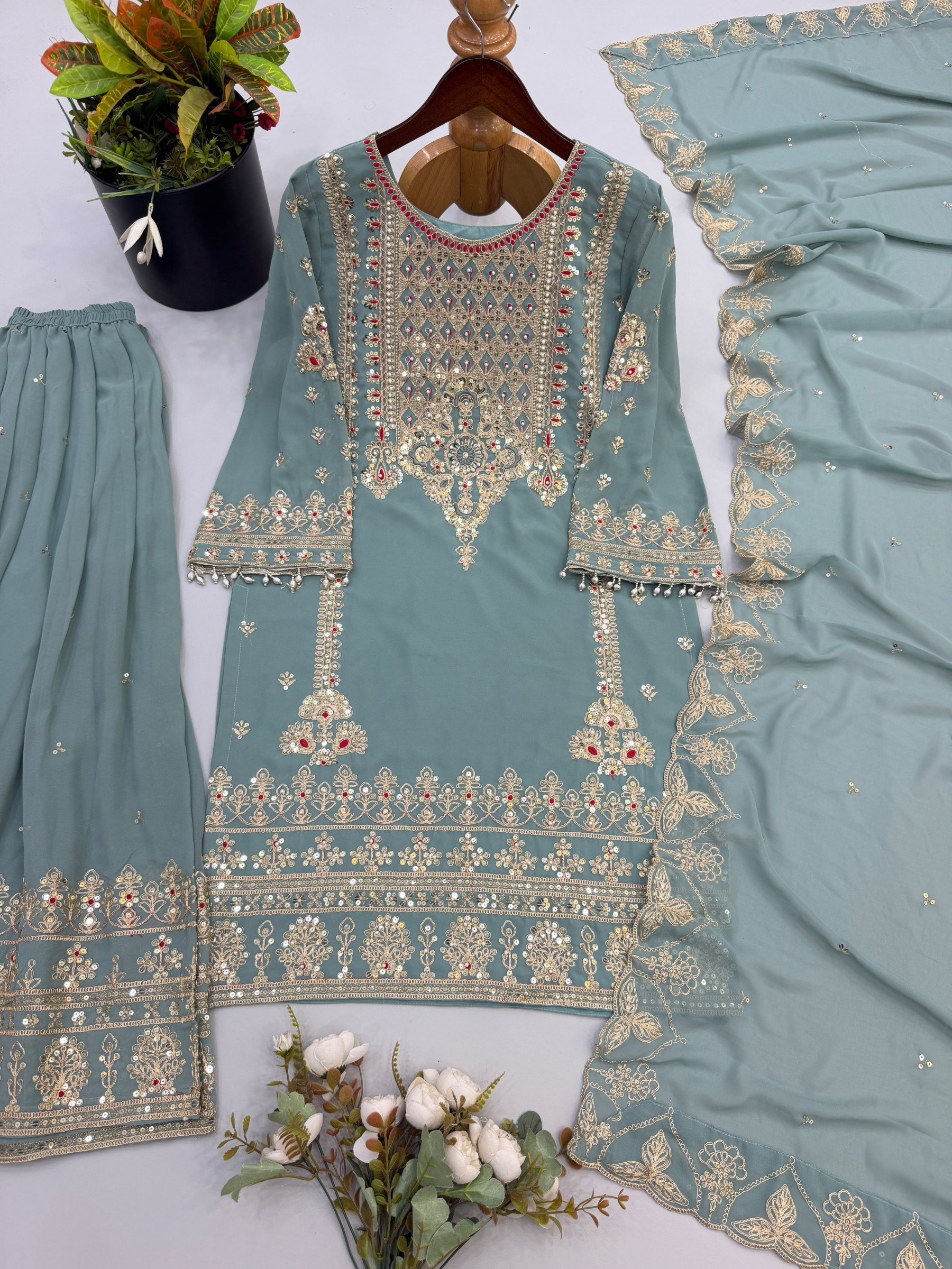 Designer Party Wear Faux Georgette Embroidery Sharara Suit with Dupatta – NSR-904 Pakistani Sharara Single Wholesale Price 