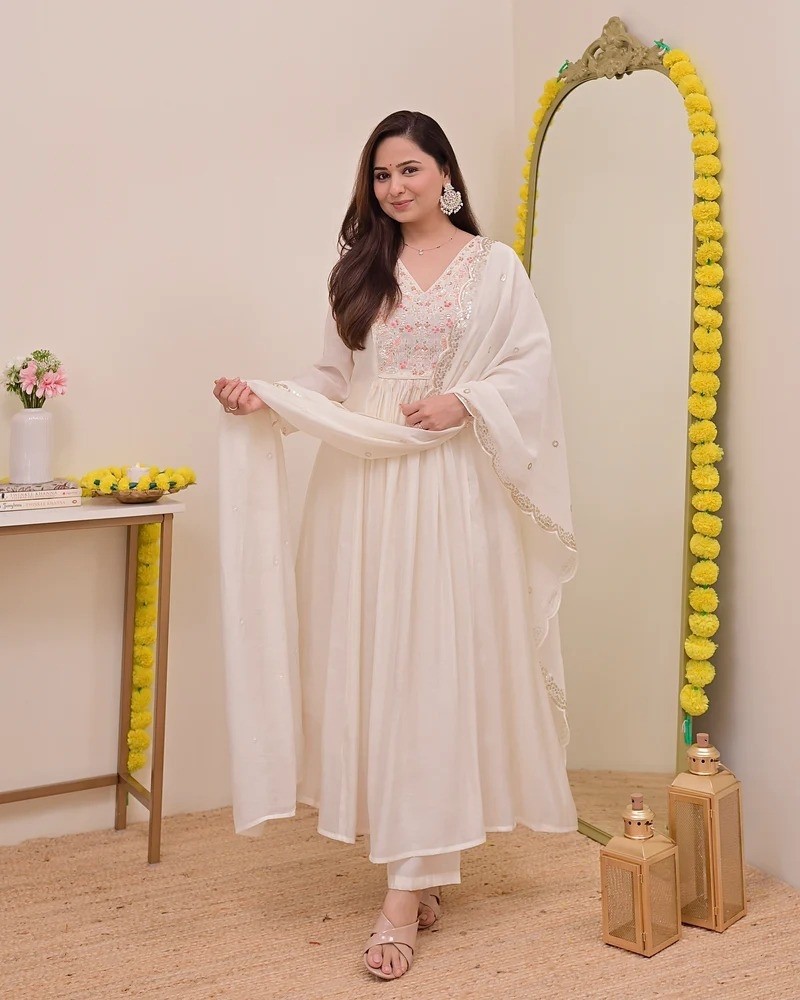 Heavy Chanderi Silk Embroidered Sequence Work Readymade Suit Set – Sitrah Collection Anarkali Party wear Dress Single Wholesale Price 