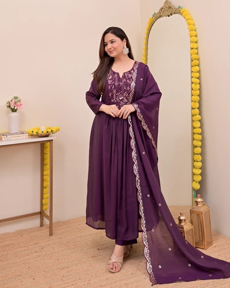 Heavy Chanderi Silk Embroidered Sequence Work Readymade Suit Set – Sitrah Collection Anarkali Party wear Dress Single Wholesale Price 