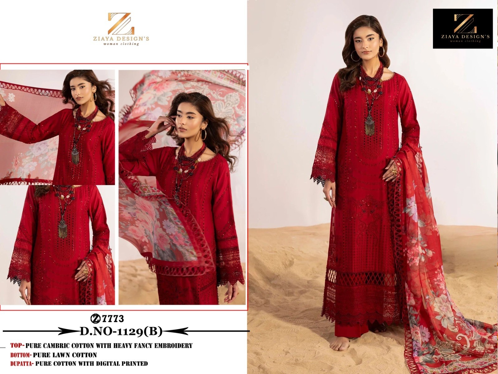 Ziaya Design 1129 Lawn Embroidered Cambric Cotton Semi-Stitched Suit with Digital Print Dupatta Pakistani Suit Single Wholesale Price 