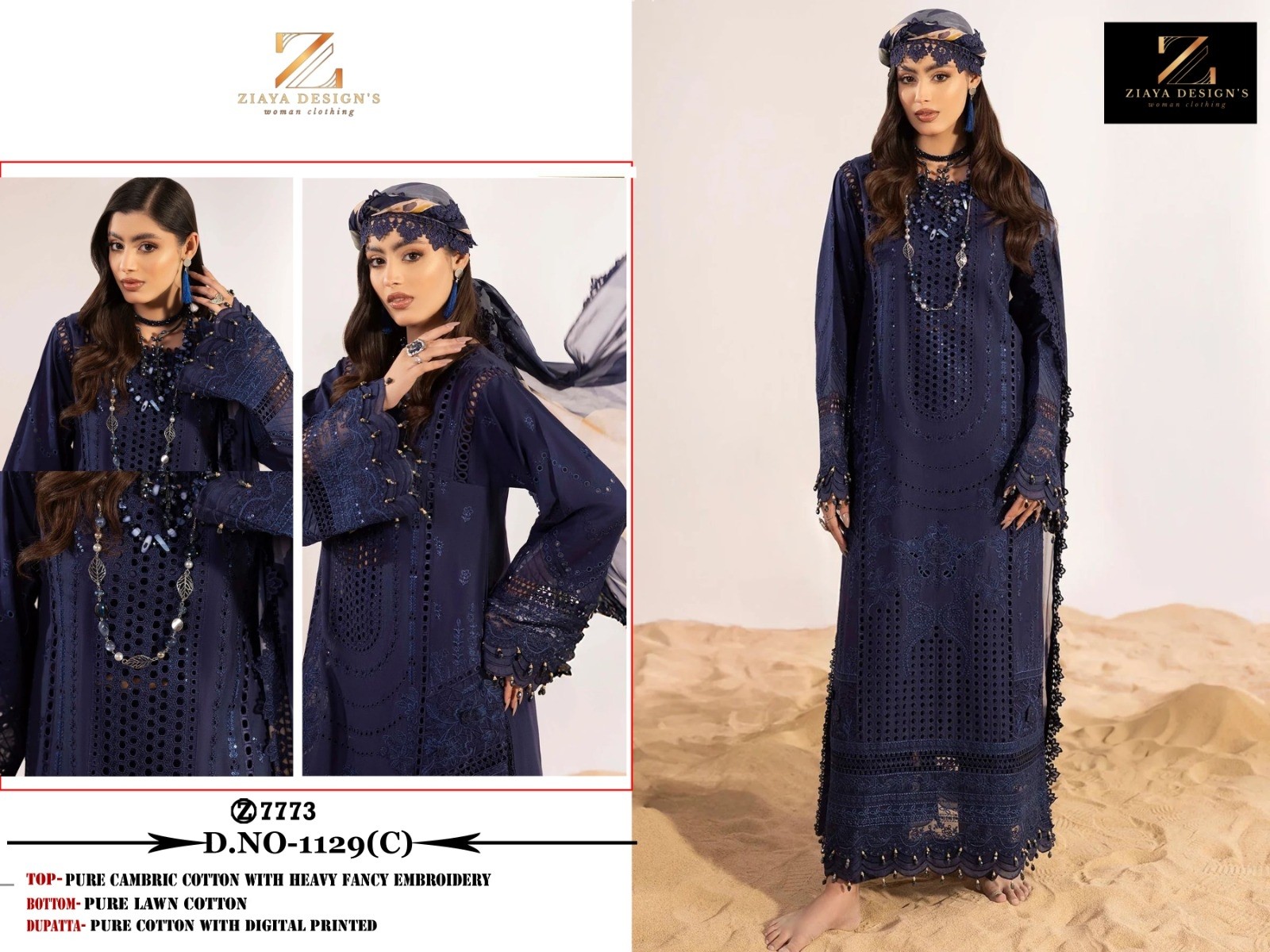 Ziaya Design 1129 Lawn Embroidered Cambric Cotton Semi-Stitched Suit with Digital Print Dupatta Pakistani Suit Single Wholesale Price 