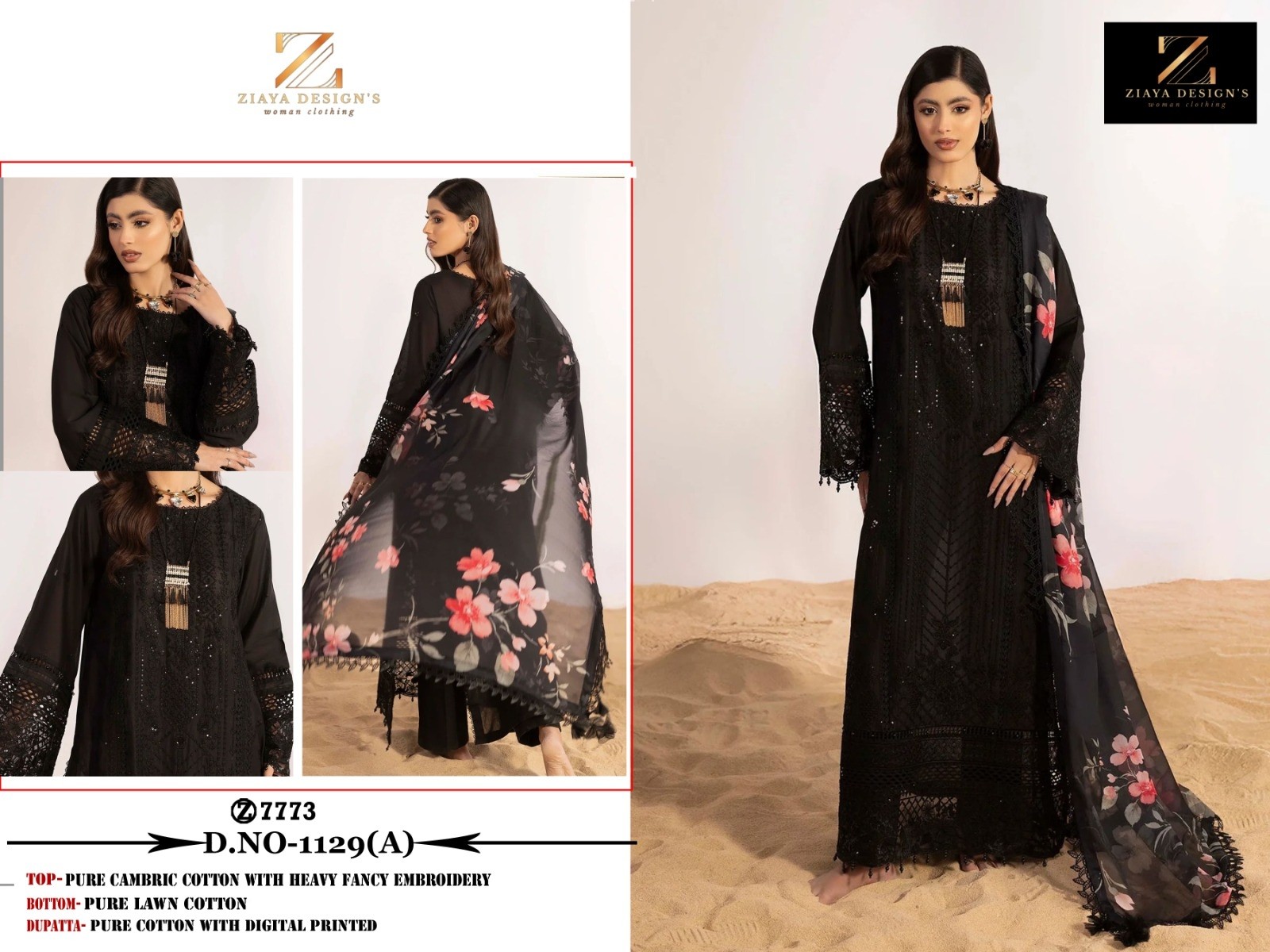 Ziaya Design 1129 Lawn Embroidered Cambric Cotton Semi-Stitched Suit with Digital Print Dupatta Pakistani Suit Single Wholesale Price 
