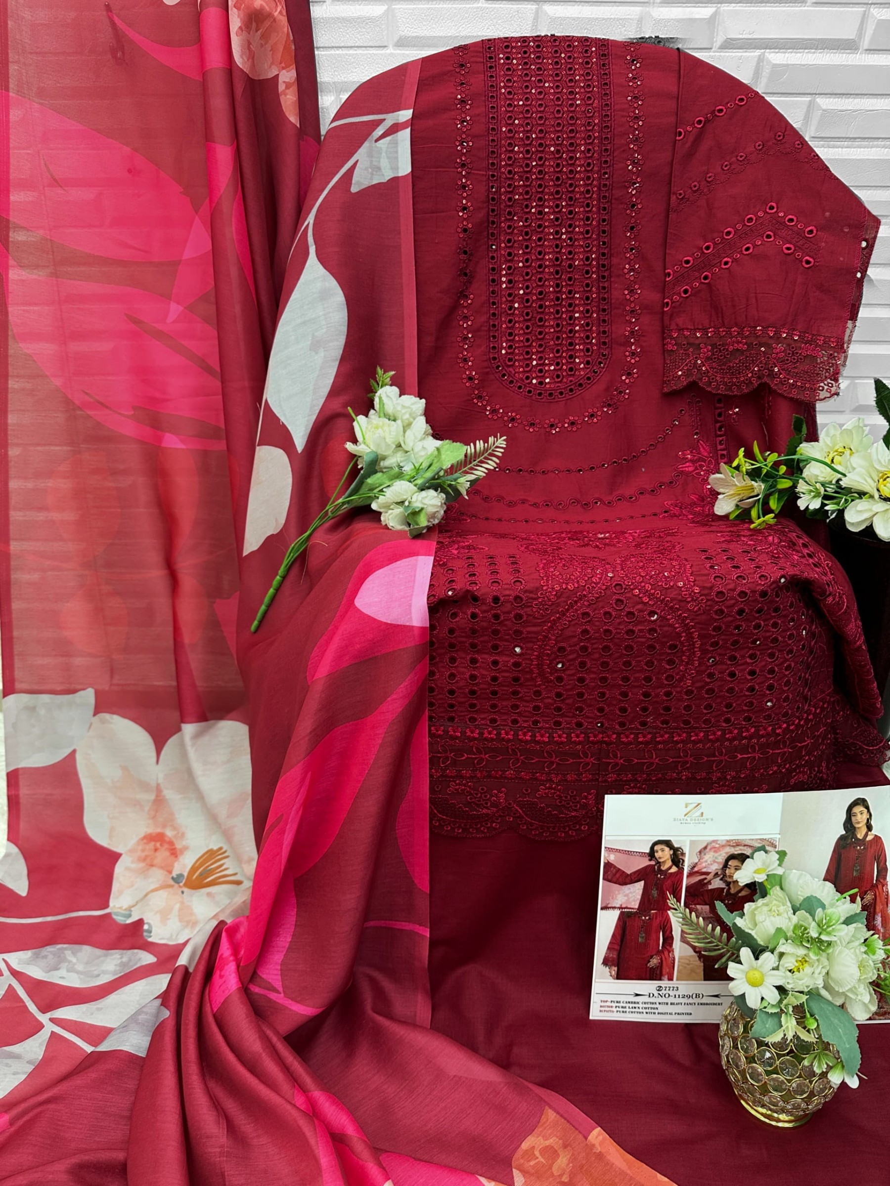 Ziaya Design 1129 Lawn Embroidered Cambric Cotton Semi-Stitched Suit with Digital Print Dupatta Pakistani Suit Single Wholesale Price 