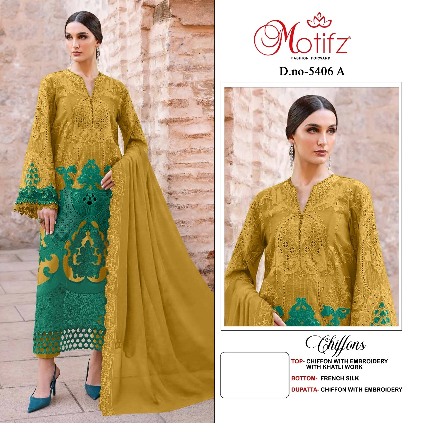 Luxury Chiffon Embroidery Khatli Work Suit Set with Embroidered Dupatta – Design 5406 Pakistani Suit Single Wholesale Price 