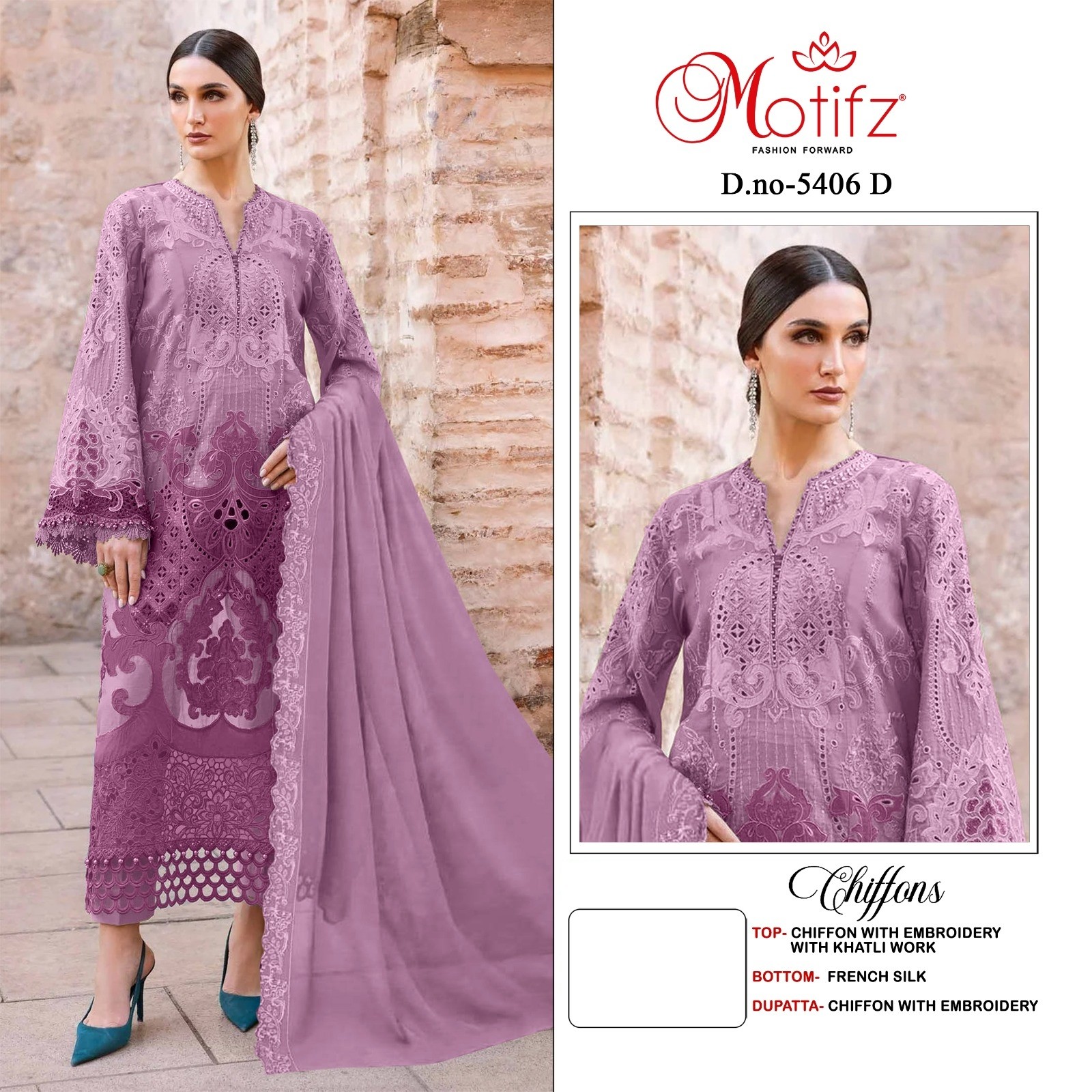 Luxury Chiffon Embroidery Khatli Work Suit Set with Embroidered Dupatta – Design 5406 Pakistani Suit Single Wholesale Price 