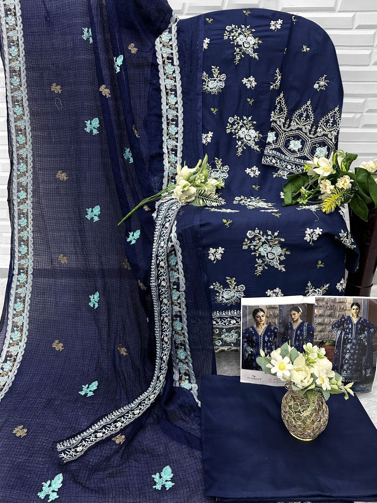 Florent Rayon Cotton Embroidered Suit with Heavy Embroidered Kota Checks Dupatta – Design 1066 Pakistani Suit Single Wholesale Price 