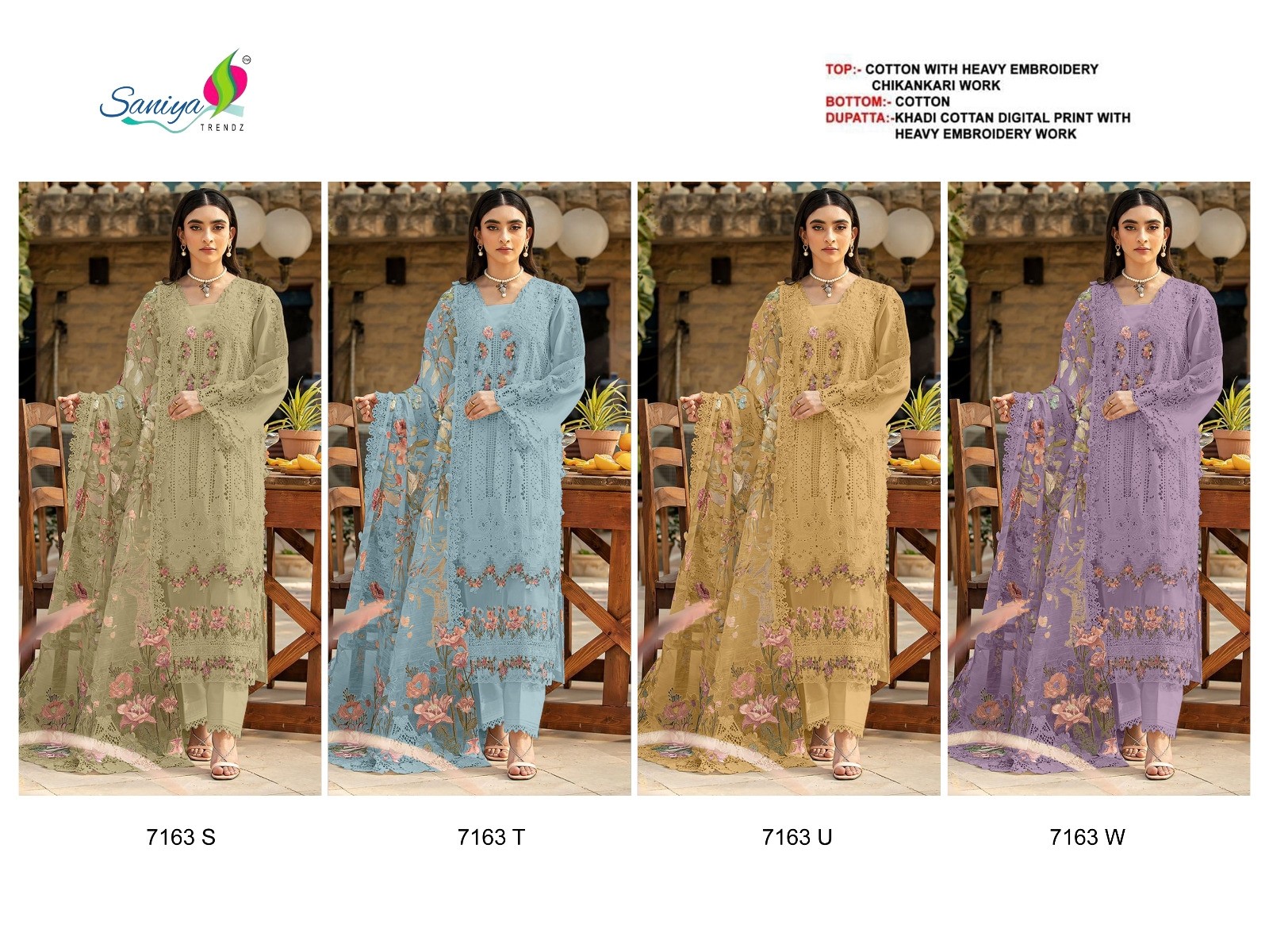 Saniya Trendz NX Chikankari Embroidered Cotton Suit with Printed Cotton Dupatta – Design 7163 Pakistani Suit Single Wholesale Price 