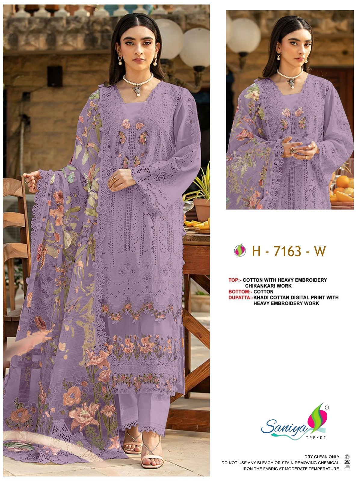 Saniya Trendz NX Chikankari Embroidered Cotton Suit with Printed Cotton Dupatta – Design 7163 Pakistani Suit Single Wholesale Price 