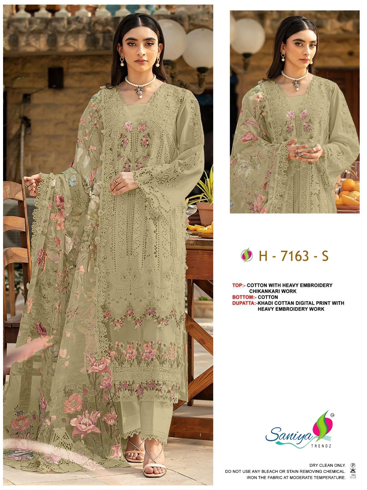 Saniya Trendz NX Chikankari Embroidered Cotton Suit with Printed Cotton Dupatta – Design 7163 Pakistani Suit Single Wholesale Price 