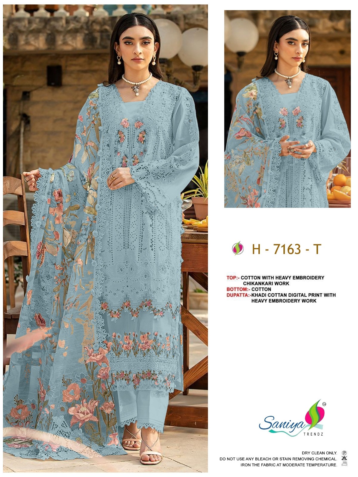 Saniya Trendz NX Chikankari Embroidered Cotton Suit with Printed Cotton Dupatta – Design 7163 Pakistani Suit Single Wholesale Price 