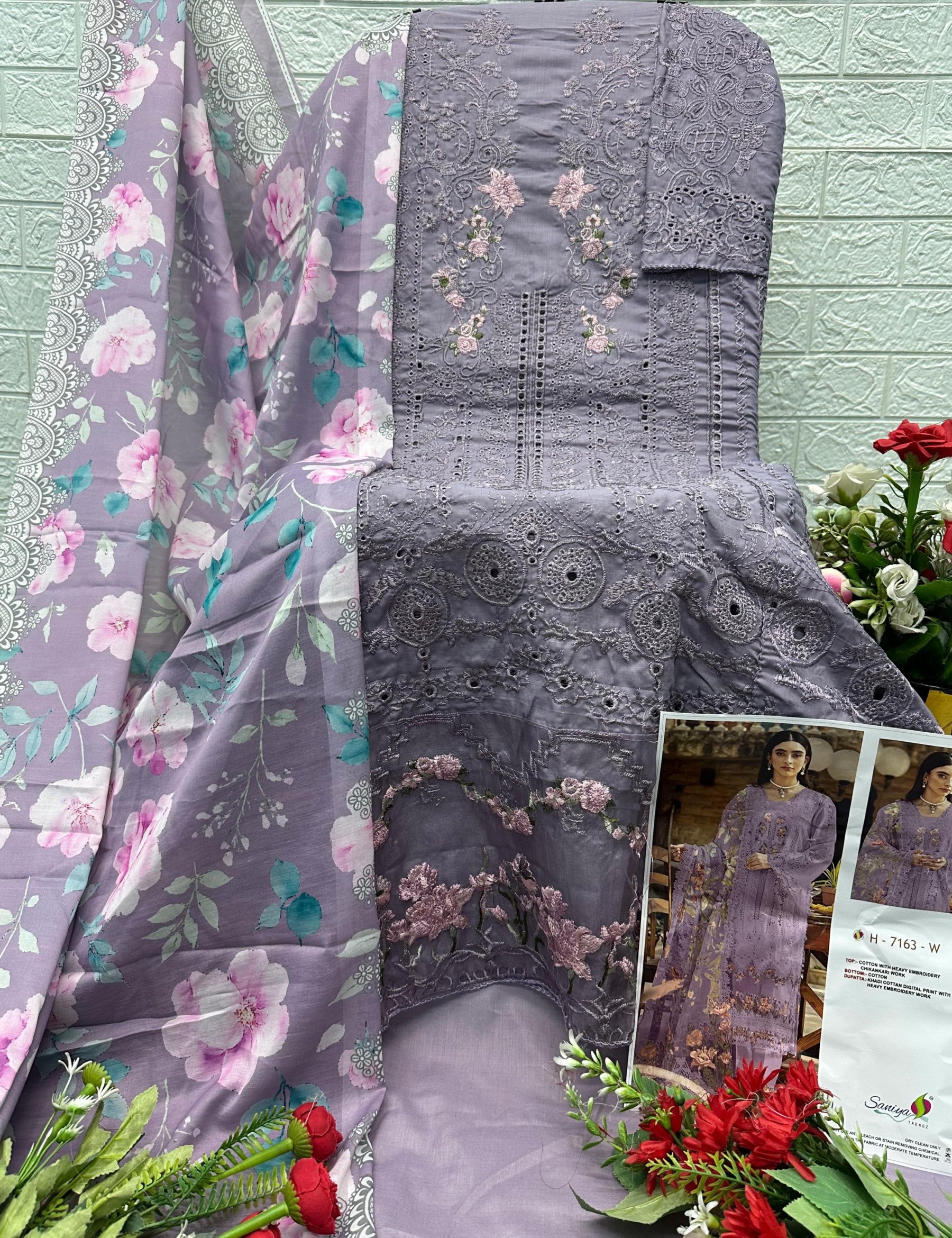 Saniya Trendz NX Chikankari Embroidered Cotton Suit with Printed Cotton Dupatta – Design 7163 Pakistani Suit Single Wholesale Price 