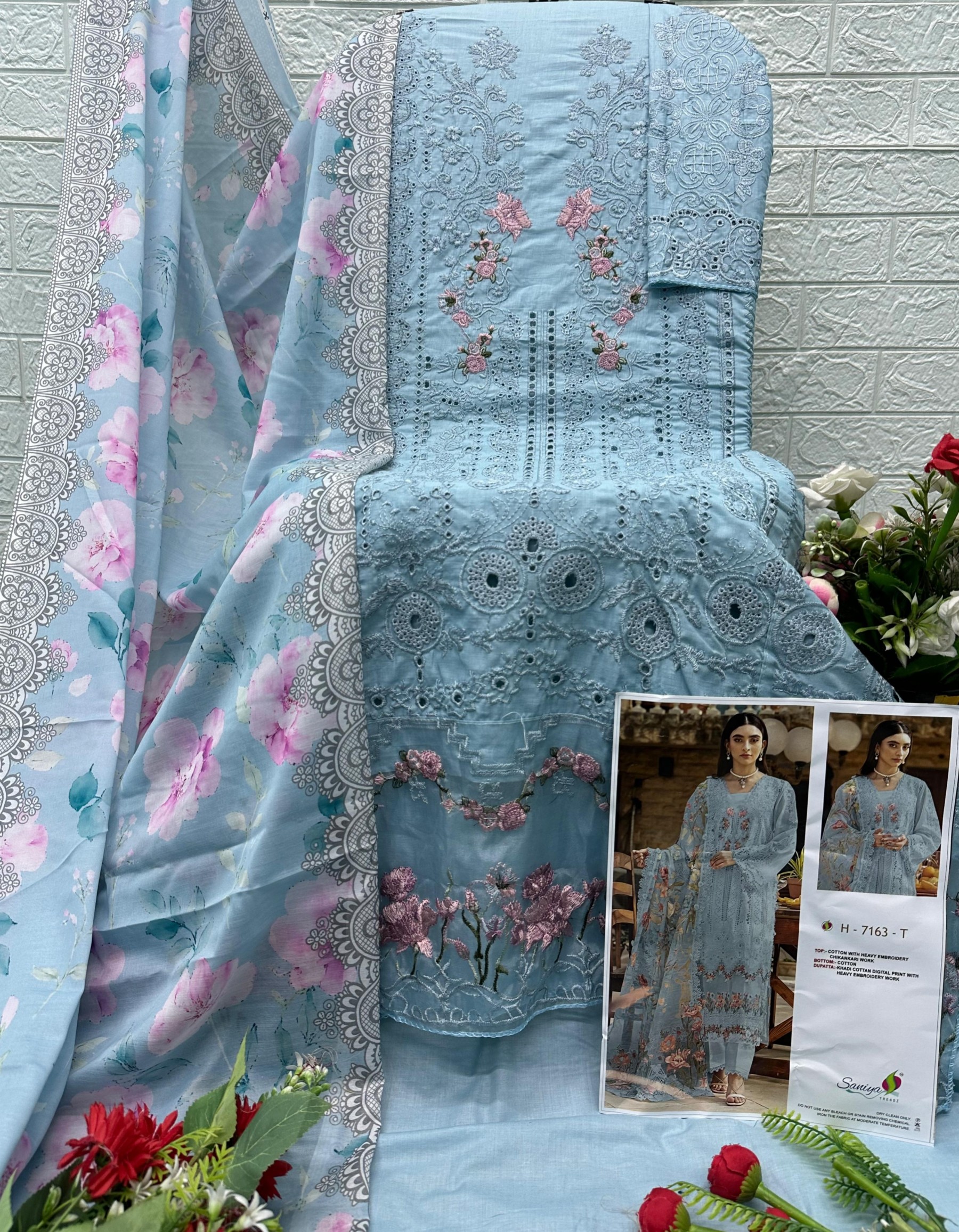 Saniya Trendz NX Chikankari Embroidered Cotton Suit with Printed Cotton Dupatta – Design 7163 Pakistani Suit Single Wholesale Price 