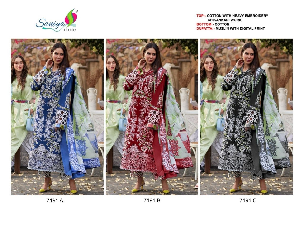 Saniya Trendz Chikankari Embroidered Cotton Suit with Maslin Print Dupatta – Design 7191 Pakistani Suit Single Wholesale Price 