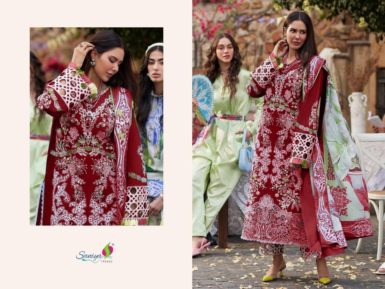 Saniya Trendz Chikankari Embroidered Cotton Suit with Maslin Print Dupatta – Design 7191 Pakistani Suit Single Wholesale Price 