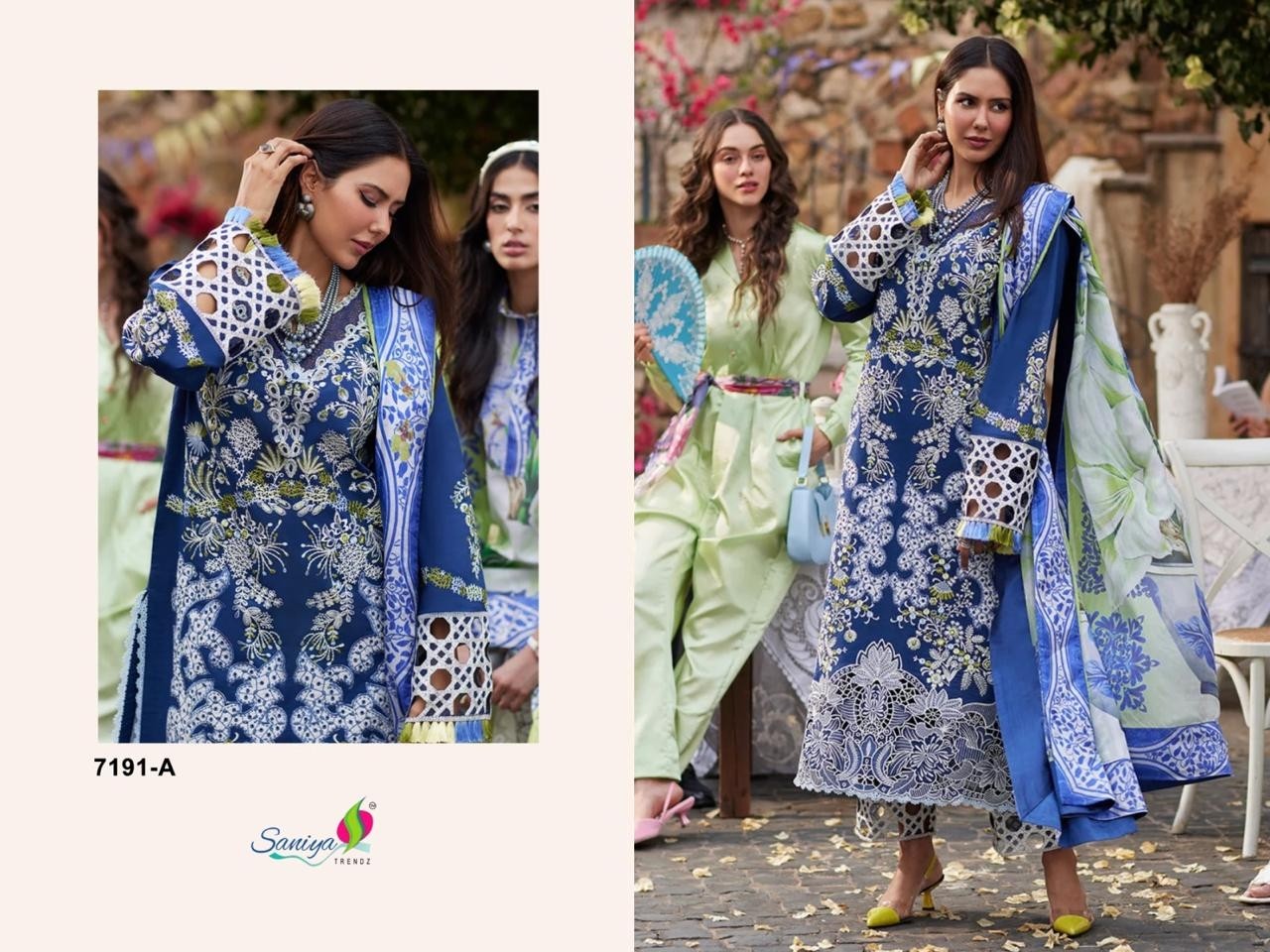 Saniya Trendz Chikankari Embroidered Cotton Suit with Maslin Print Dupatta – Design 7191 Pakistani Suit Single Wholesale Price 