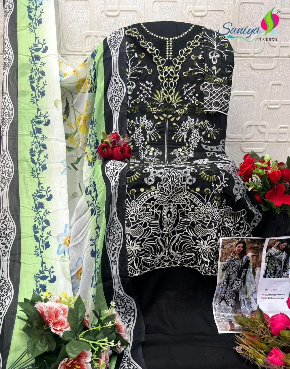 Saniya Trendz Chikankari Embroidered Cotton Suit with Maslin Print Dupatta – Design 7191 Pakistani Suit Single Wholesale Price 