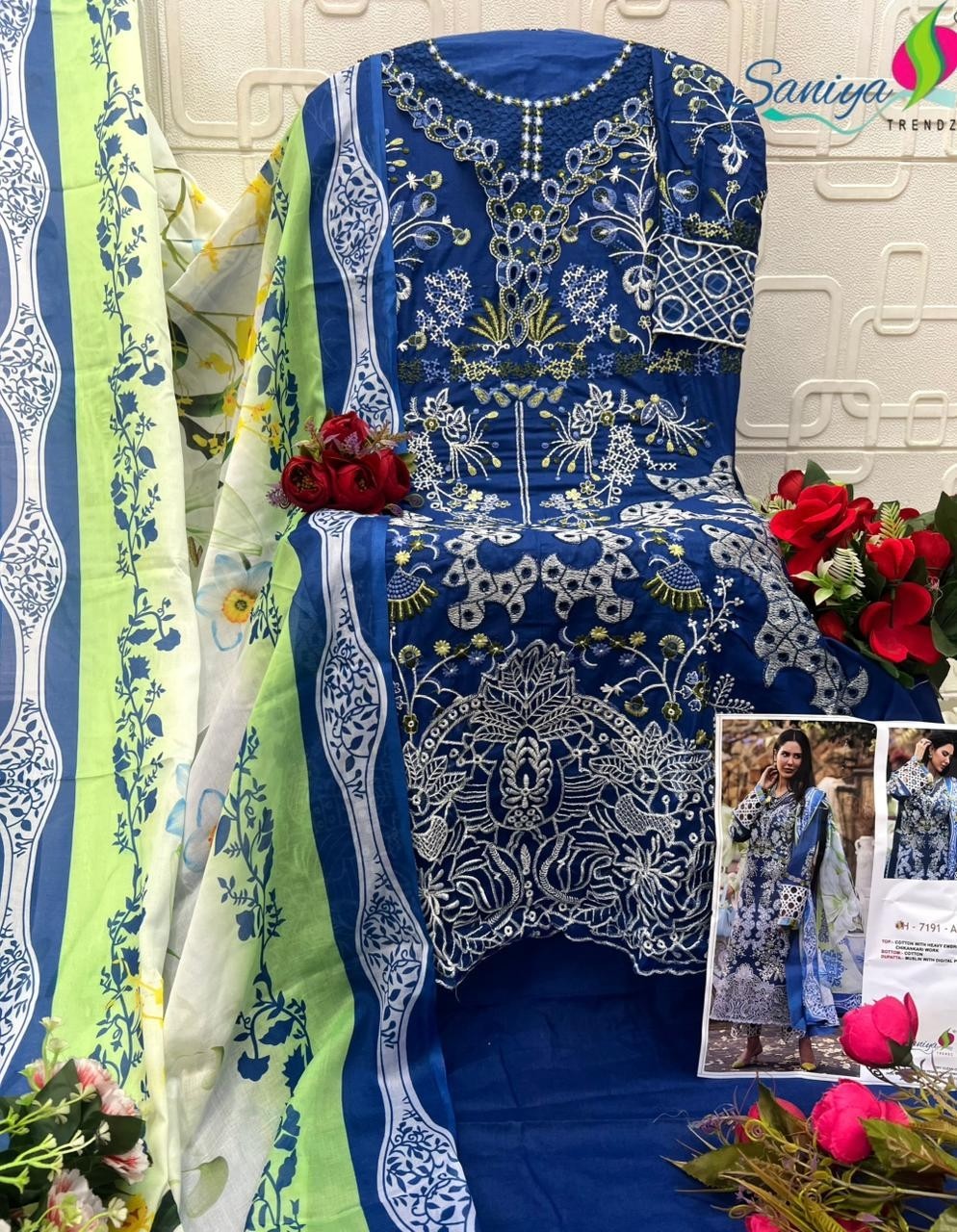 Saniya Trendz Chikankari Embroidered Cotton Suit with Maslin Print Dupatta – Design 7191 Pakistani Suit Single Wholesale Price 