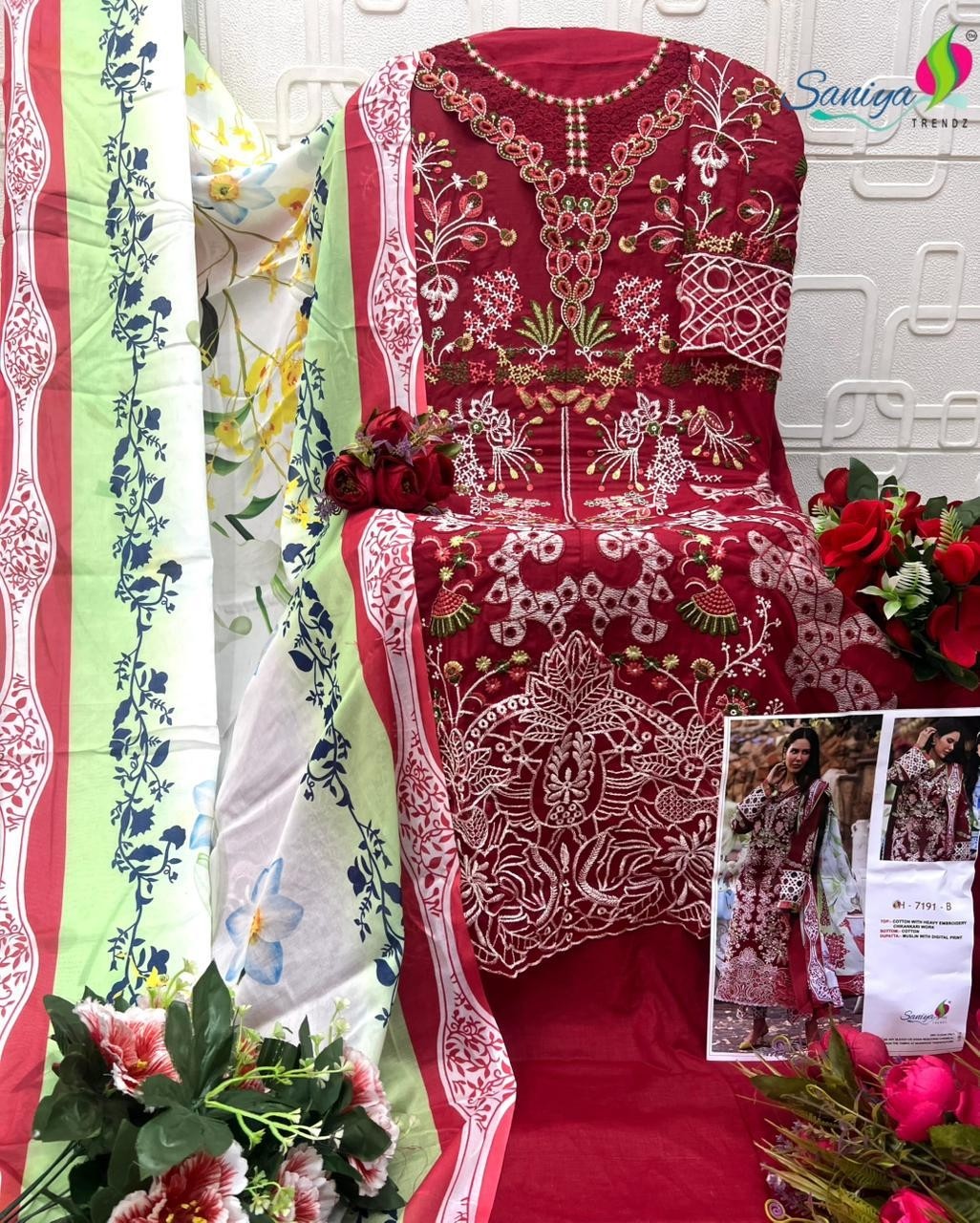 Saniya Trendz Chikankari Embroidered Cotton Suit with Maslin Print Dupatta – Design 7191 Pakistani Suit Single Wholesale Price 