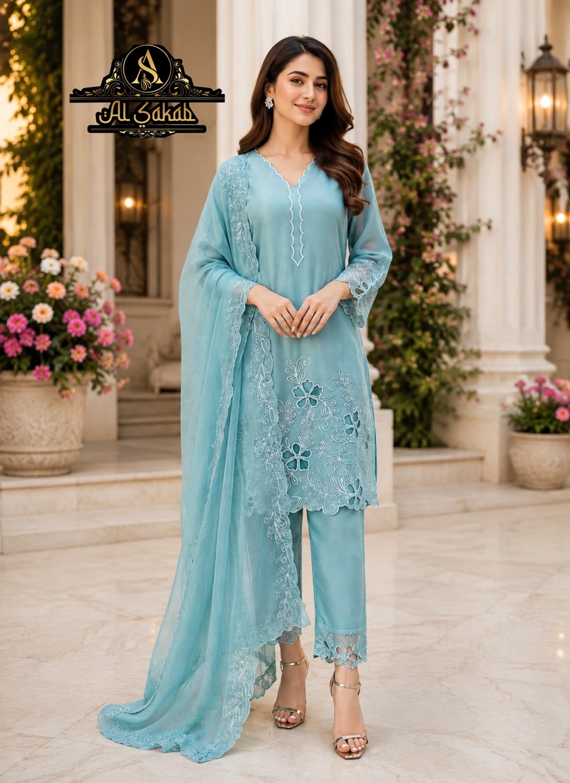 AL-SAKAB Premium Heavy Gold Chiffon Embroidered Suit Set – Design 1706 Pakistani Suit Single Wholesale Price 
