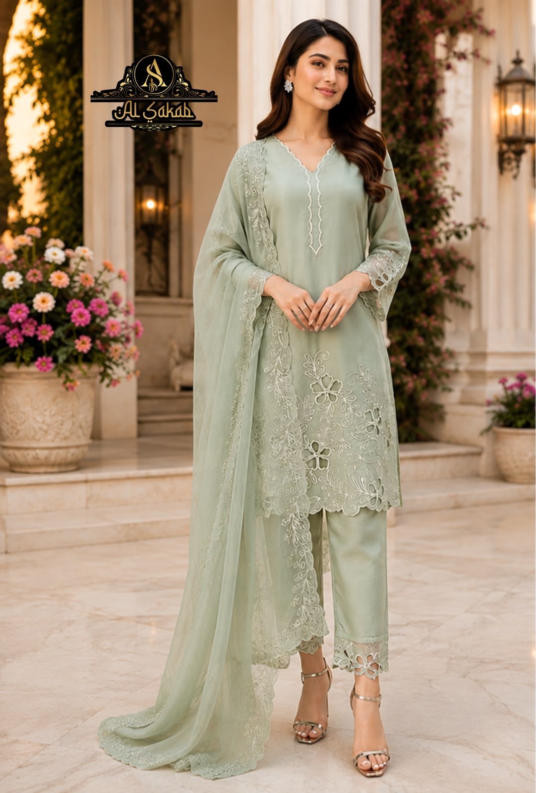 AL-SAKAB Premium Heavy Gold Chiffon Embroidered Suit Set – Design 1706 Pakistani Suit Single Wholesale Price 