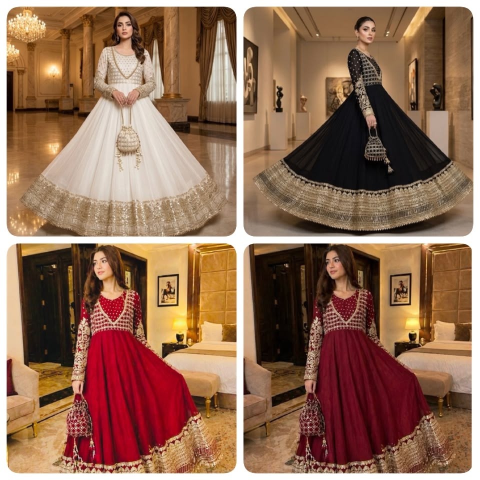 JF-049 Designer Heavy Georgette Embroidered Sequence Work Gown Set with Dupatta Partywear And Wedding Gown Single Wholesale Price 