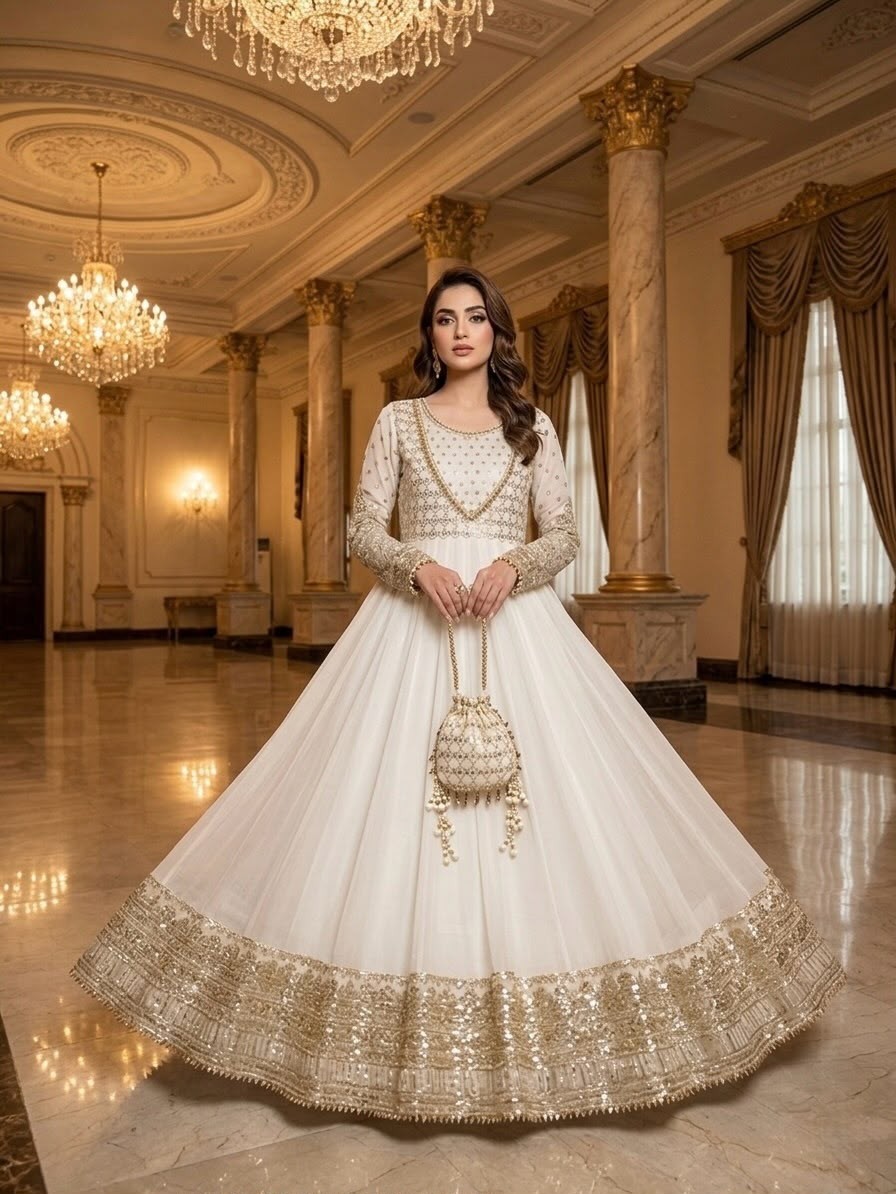 JF-049 Designer Heavy Georgette Embroidered Sequence Work Gown Set with Dupatta Partywear And Wedding Gown Single Wholesale Price 