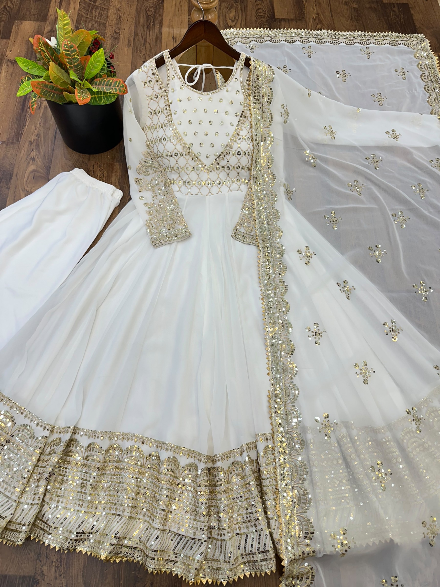 JF-049 Designer Heavy Georgette Embroidered Sequence Work Gown Set with Dupatta Partywear And Wedding Gown Single Wholesale Price 