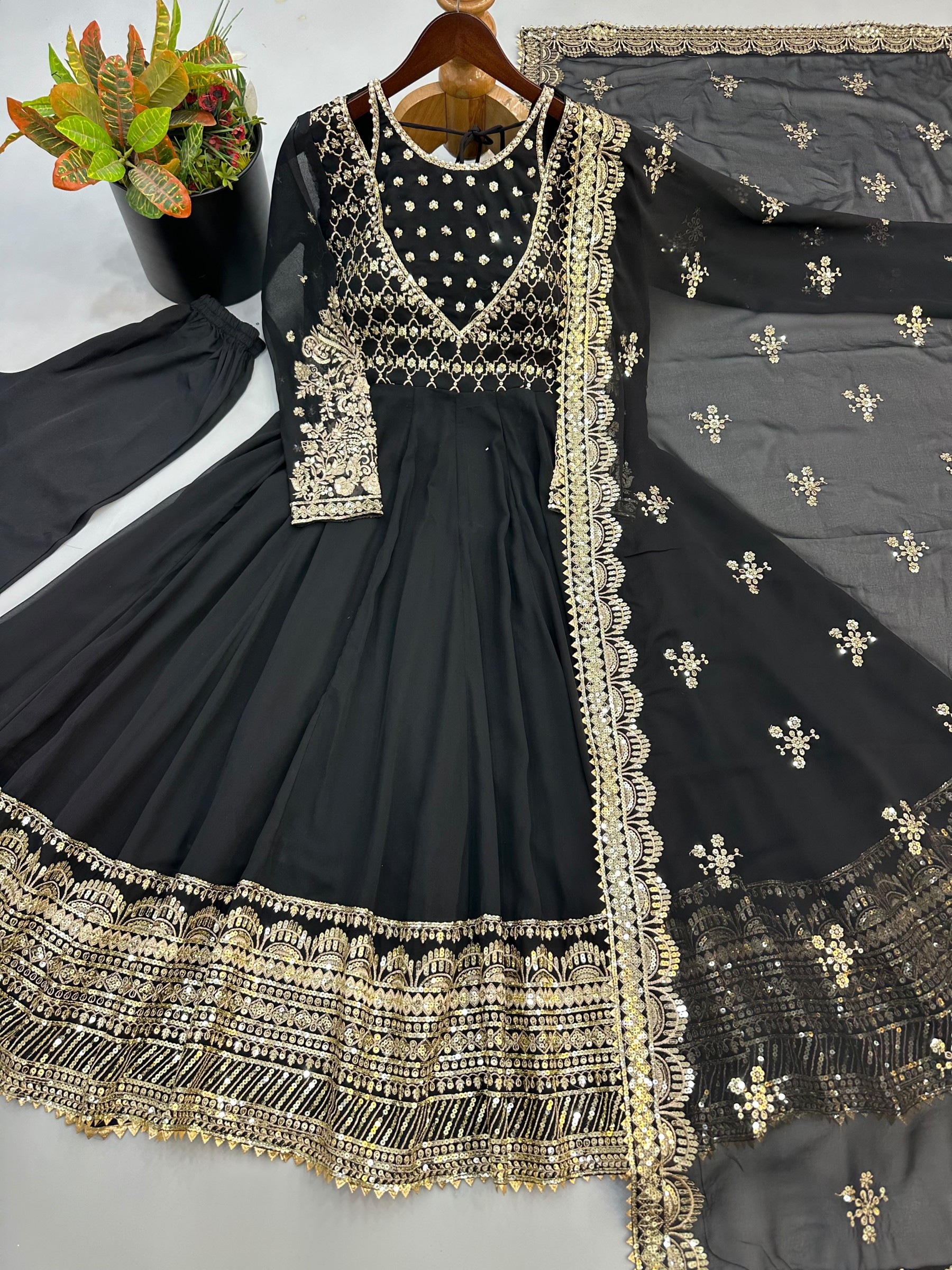 JF-049 Designer Heavy Georgette Embroidered Sequence Work Gown Set with Dupatta Partywear And Wedding Gown Single Wholesale Price 